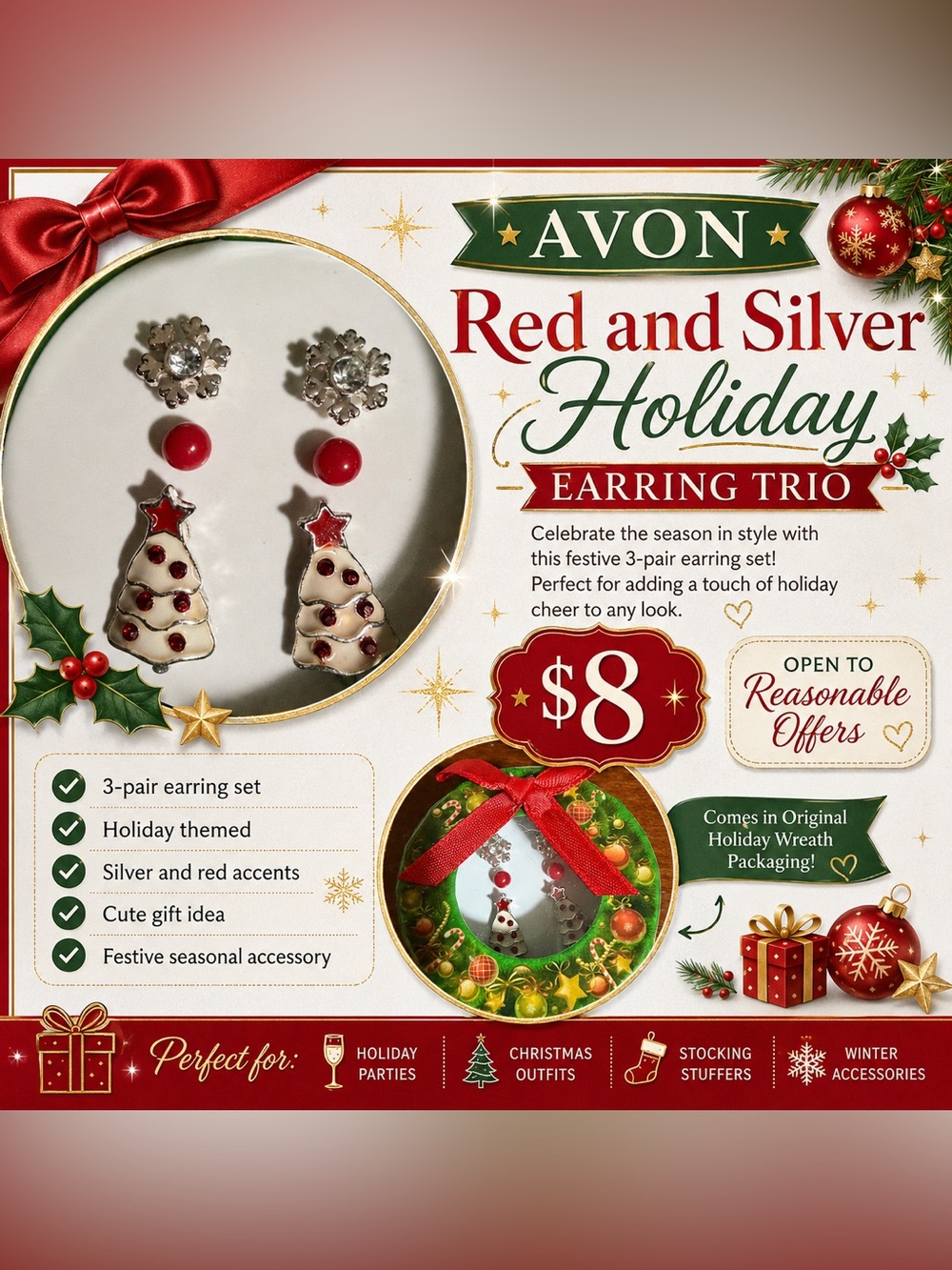 Avon Red and Silver Holiday Earring Trio